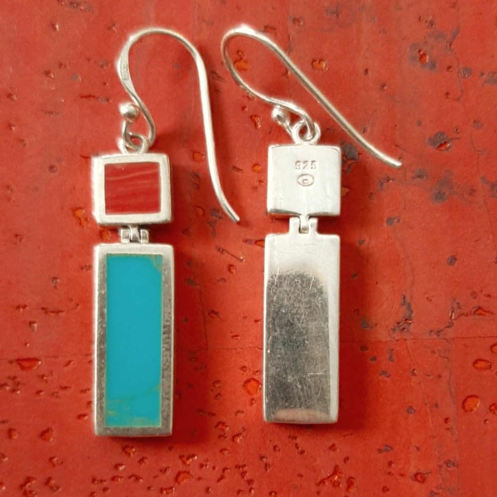 Turquoise and Coral Sterling Silver Earrings